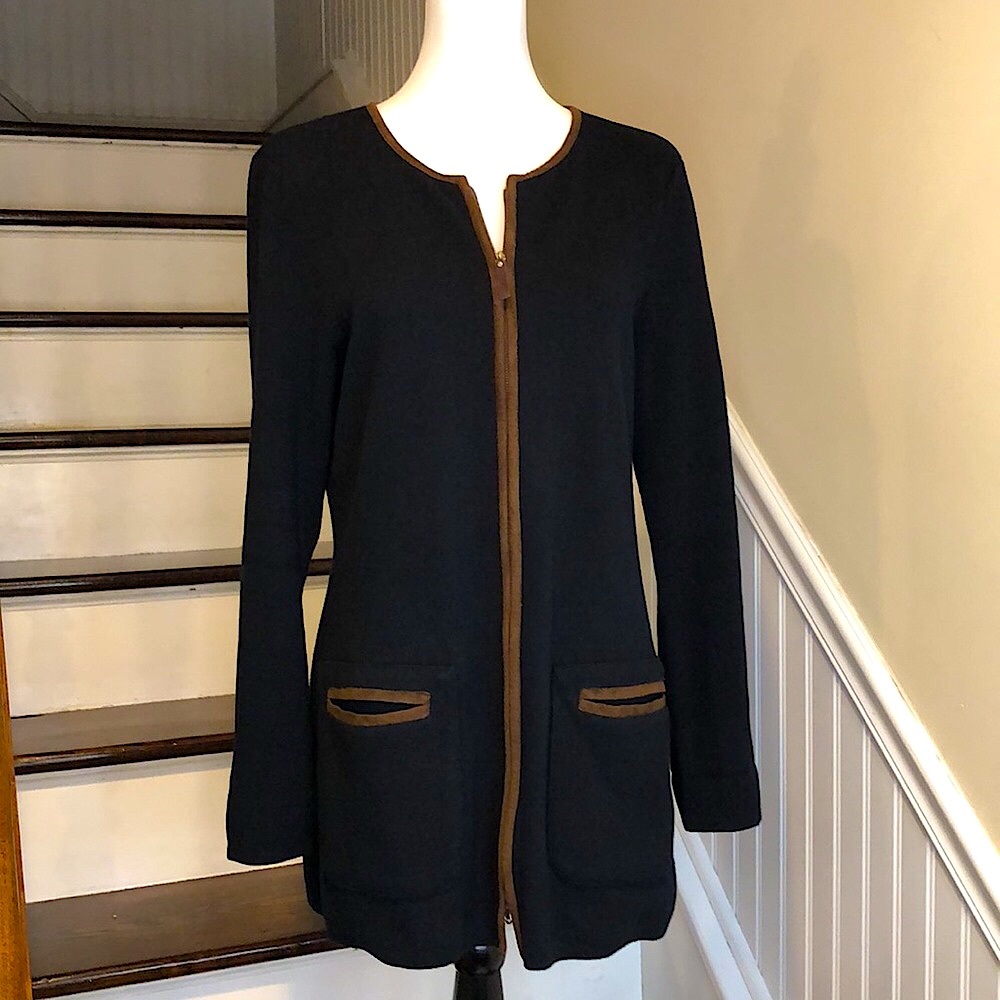 RALPH LAUREN Black Long Sleeve Full Zip Flat Knit Pocketed Sweater Sz Large